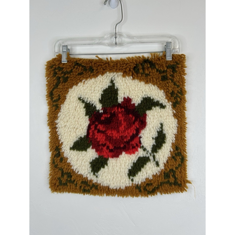 Vintage Yarn Latch Hook Folk Art Wall Hanging Handmade Retro Rose Cottagecore